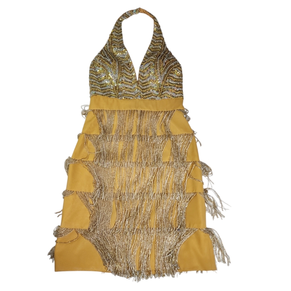Terani Couture Gold Halter Beaded Sequin Fringe Mini Dress Size 4